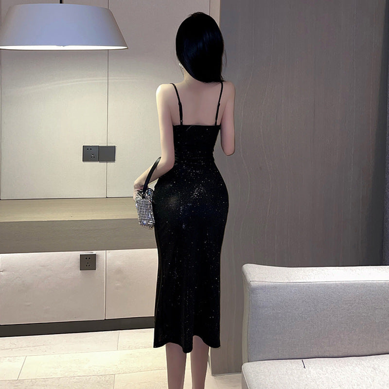 Nightclub Dress with Low V-Neck and Slit Design
