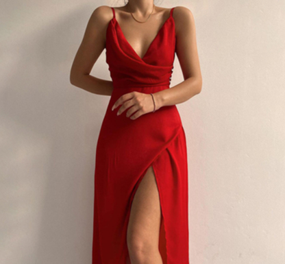 V-neck Slip Dress with Low Cut and Side Slit