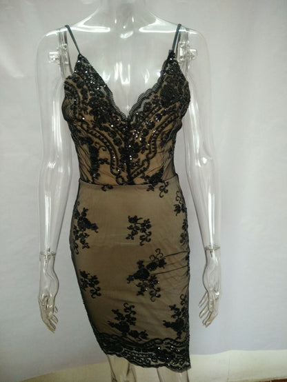 Summer Sequin Club Dress with Deep V Neck and Backless