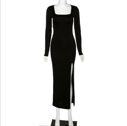 Slim Fit Dress with Square Neck and Side Slit