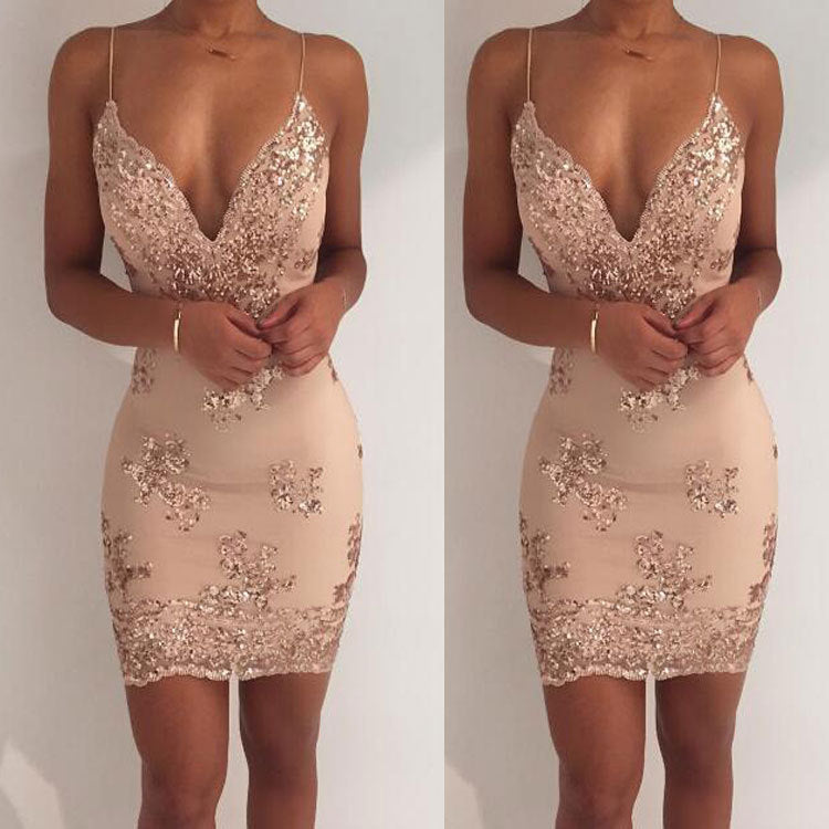 Summer Sequin Club Dress with Deep V Neck and Backless
