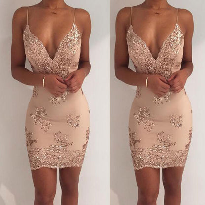 Summer Sequin Club Dress with Deep V Neck and Backless