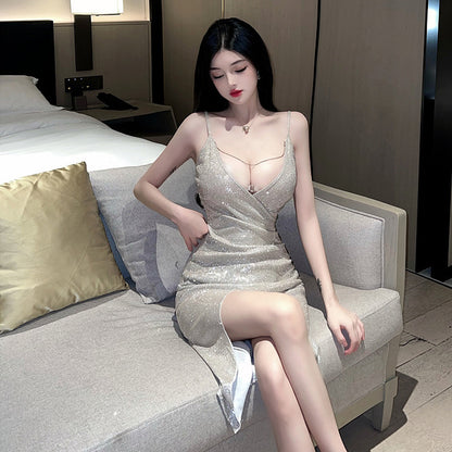 Nightclub Dress with Low V-Neck and Slit Design