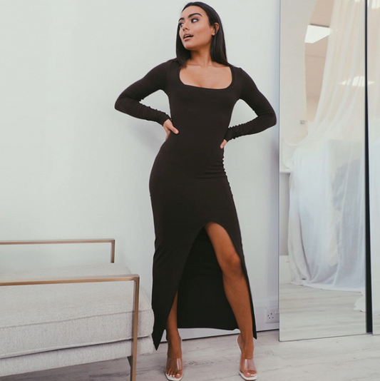 Slim Fit Dress with Square Neck and Side Slit