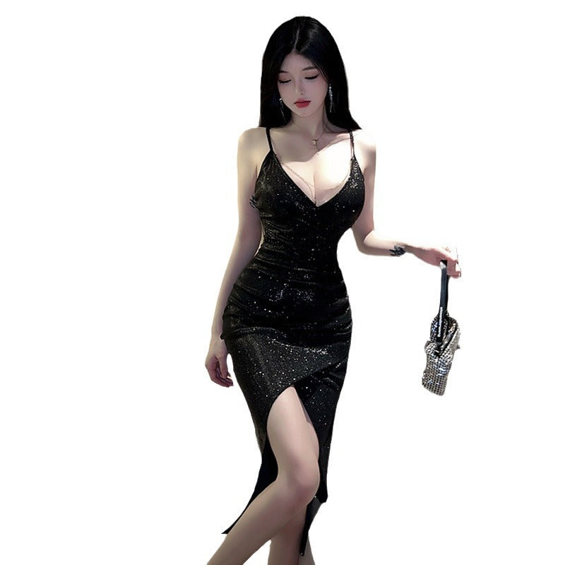Nightclub Dress with Low V-Neck and Slit Design