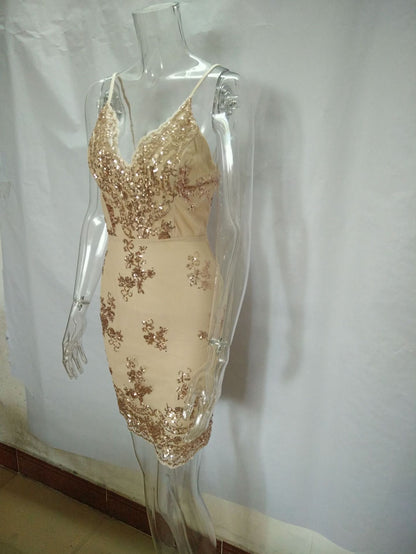 Summer Sequin Club Dress with Deep V Neck and Backless